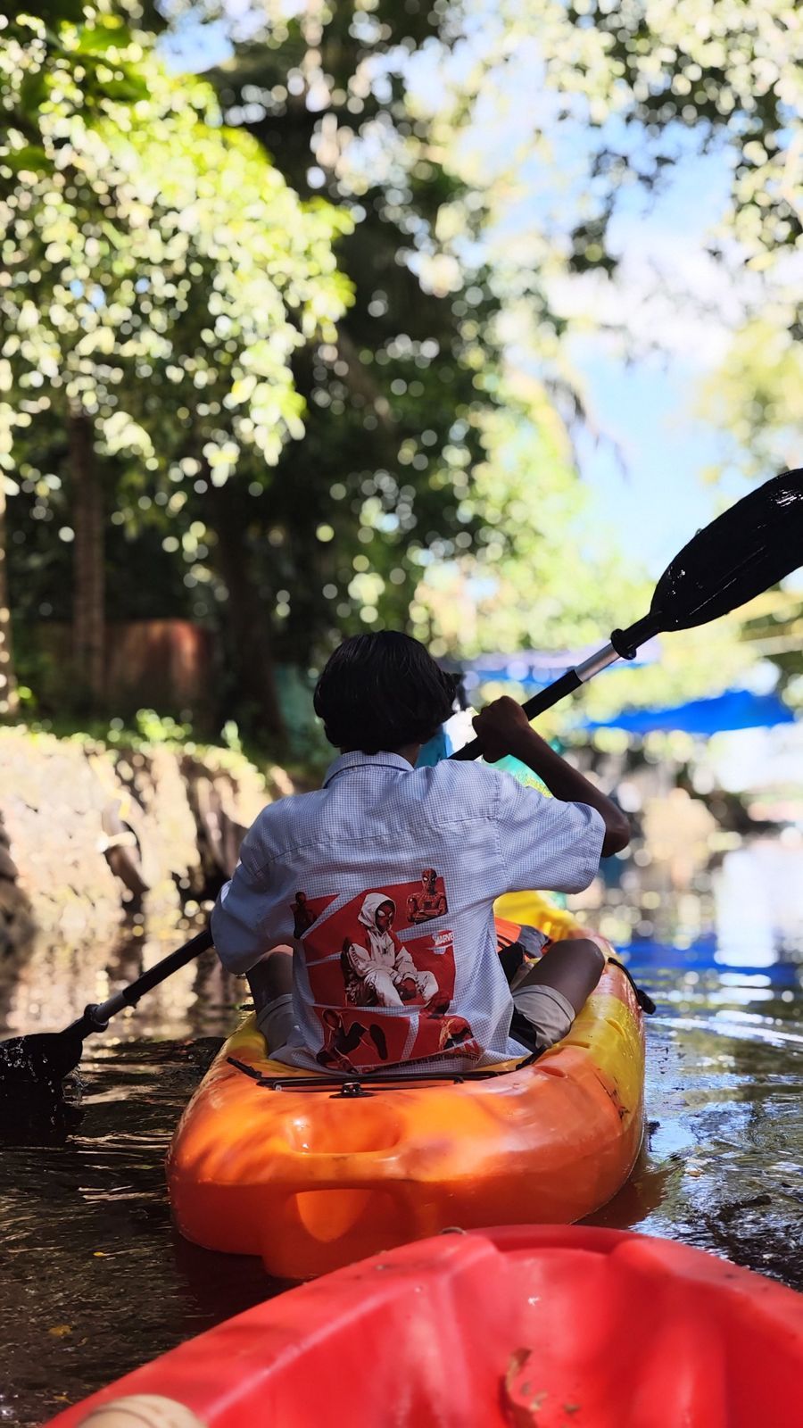 A kayaker paddling a narrow canal lined with green trees