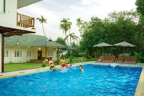 Guests in the swimming pool, with palms and garden umbrellas behind