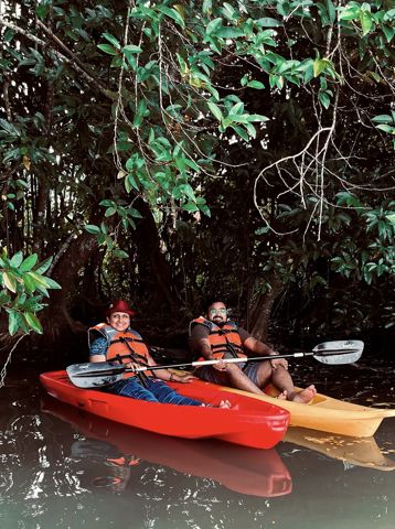 Two guests in life jackets paddling red and yellow kayaks under mangrove trees
