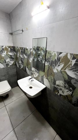 A bathroom with leaf-pattern tiles, a wash basin and a mirror