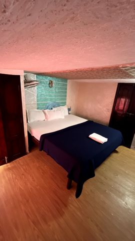 A bedroom with a double bed, a dark blue cover and a teal feature wall